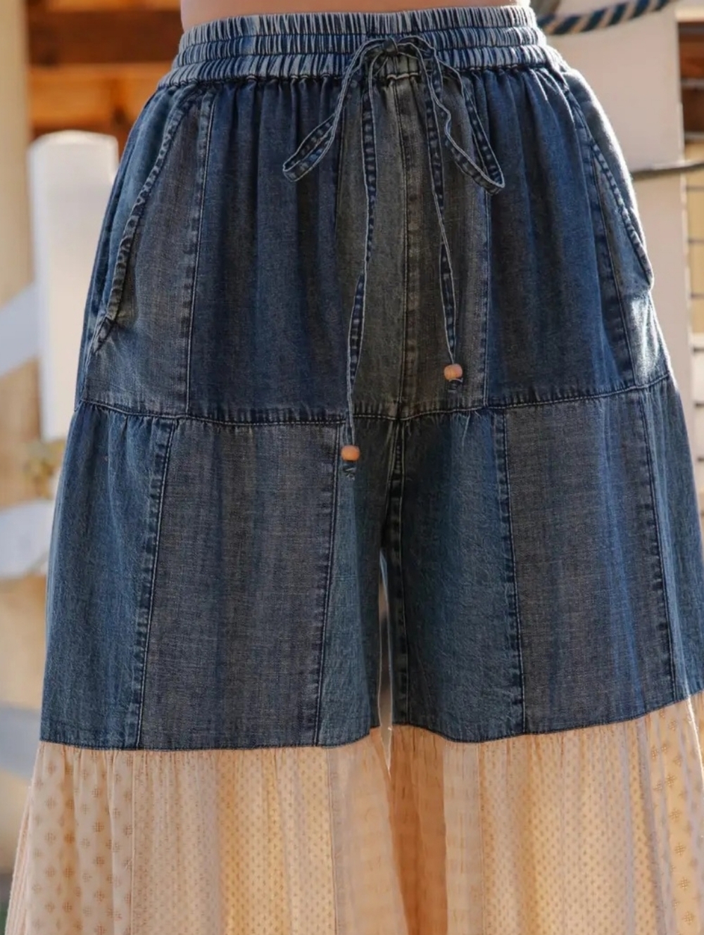 #1494 YT S-3X Prairie Moon Denim & Lace Tiered Palazzo Pants - Picture 4 of 6